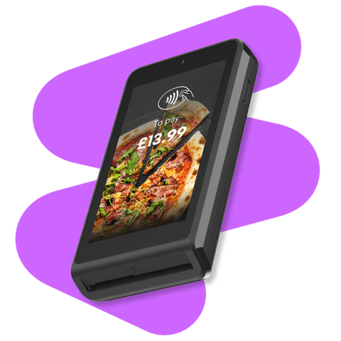 A digital payment terminal displaying a pizza image with a contactless payment symbol and the amount £13.99, set against a purple abstract background.