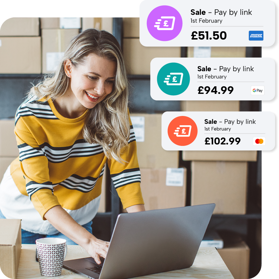 Woman in a striped sweater using a laptop in a warehouse. Payment notifications with different amounts and dates are displayed.