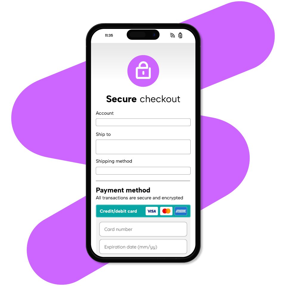 Smartphone displaying a secure checkout screen with fields for account, shipping, and payment details, featuring credit card logos.