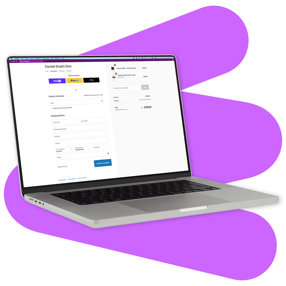 Laptop displaying a Shopify checkout page with customer information and shipping details, set against a purple abstract background.
