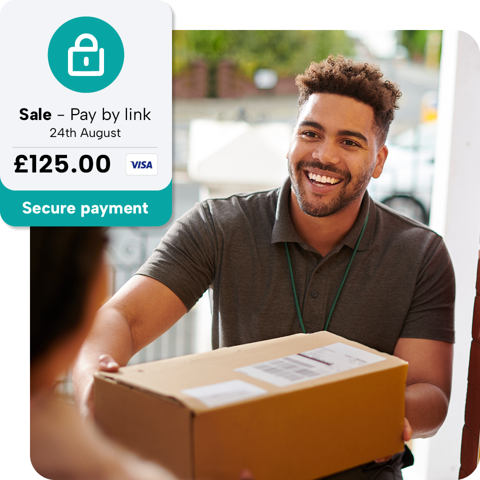 Delivery person handing a package to someone at a door. Overlay text shows a secure payment of £125.00 via Visa, dated 24th August.