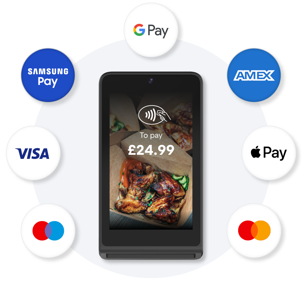Payment terminal displaying £24.99 surrounded by logos: Google Pay, Apple Pay, Samsung Pay, VISA, AMEX, Mastercard, and Maestro.