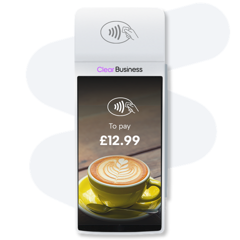 Contactless payment terminal displaying "To pay £12.99" with an image of a latte in a yellow cup and saucer.