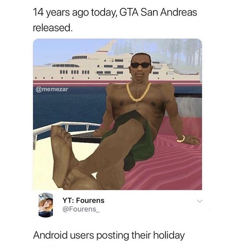 Meme: Android users posting their holiday, shown as a GTA San Andreas screenshot