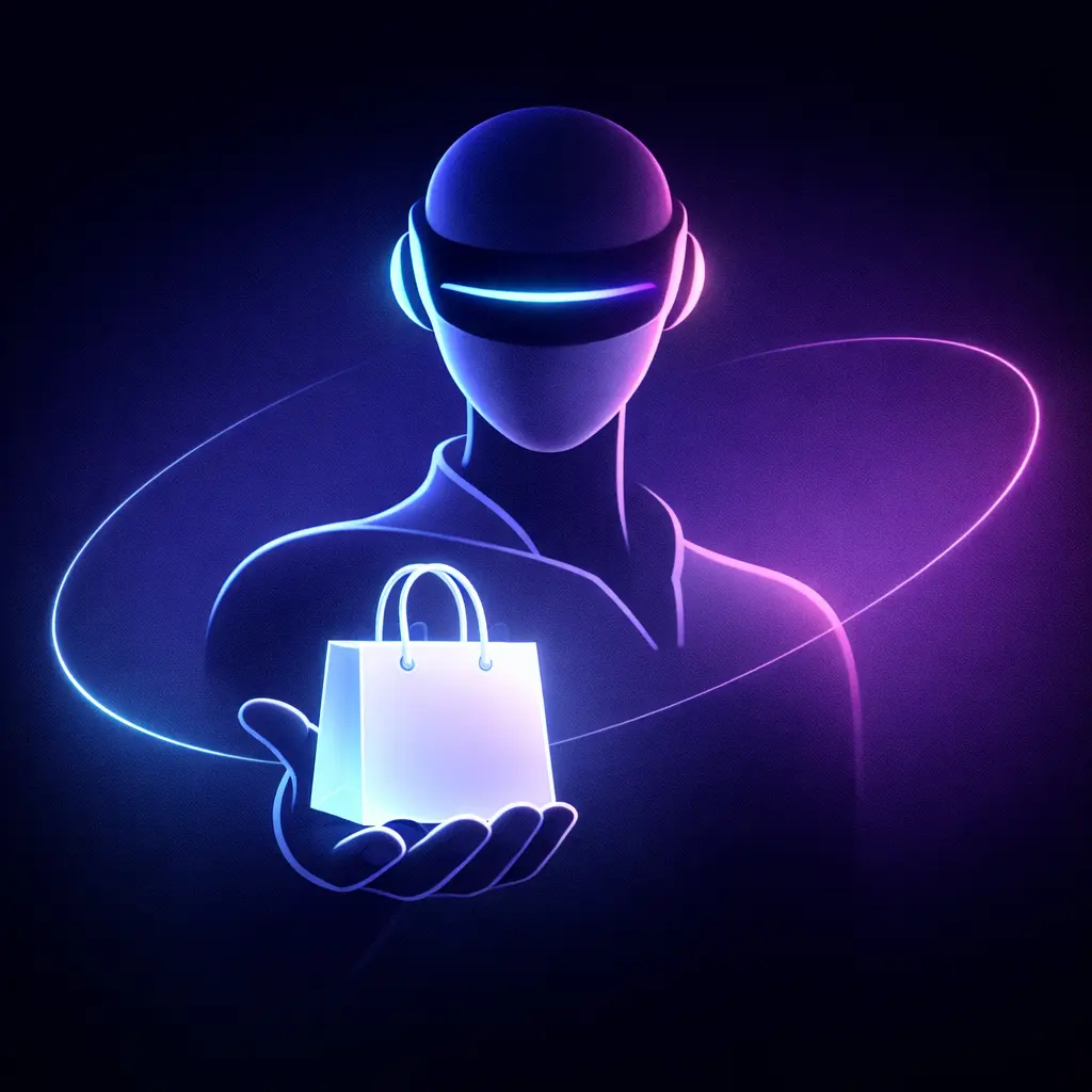 Abstrakter KI-Agent hält leuchtende Einkaufstüte — Illustration zum Thema Agentic Commerce und autonomem Einkaufen durch KI