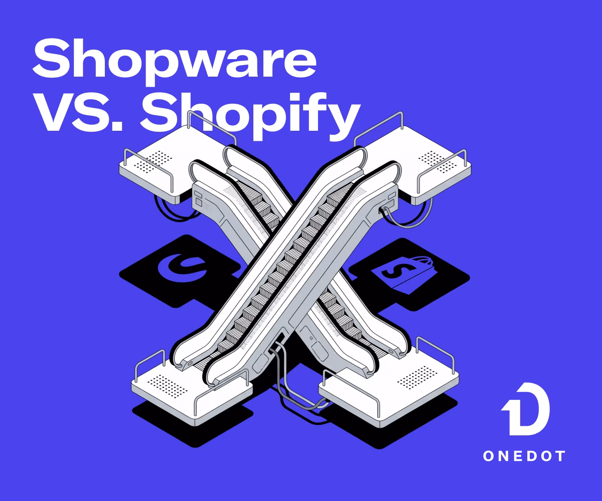 Shopware vs. Shopify Insights Beitrag verbildlicht durch zwei Rolltreppen die in ihrem Schatten die beiden Logos der Shopsysteme werfen mobile