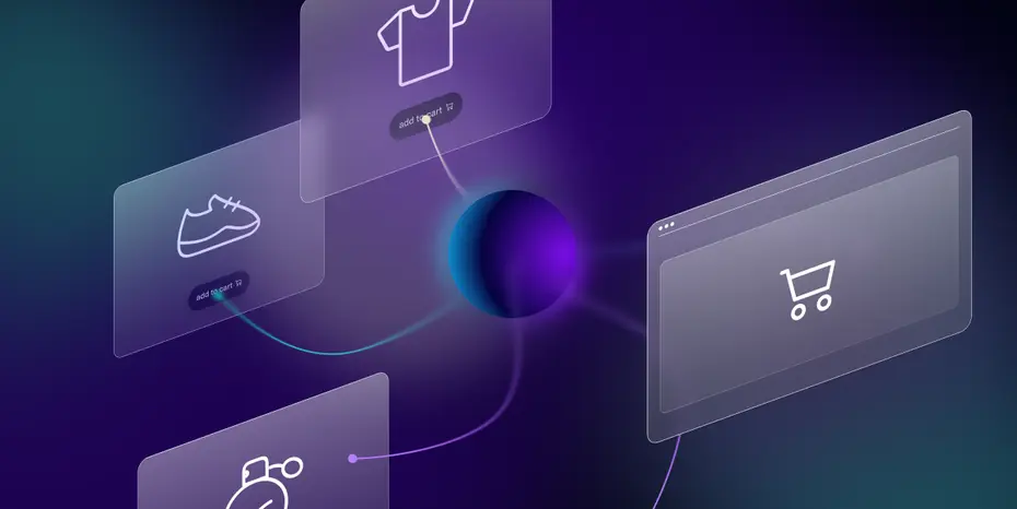 Agentic Commerce Title Grafik mit visueller Darstellung der KI als sphäre, die auf einzelne Onlineshops zugreift und Produkte auswählt