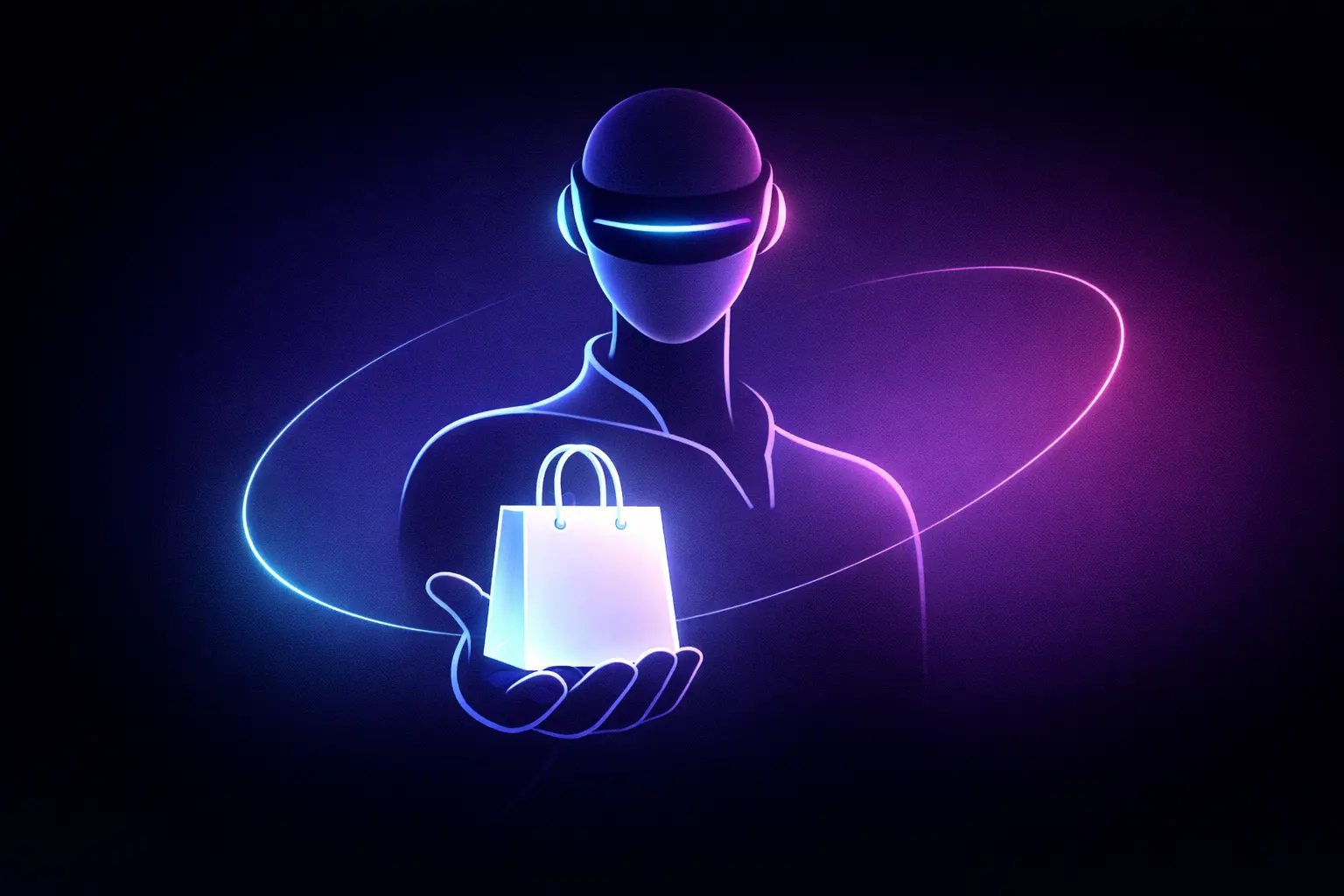 Stilisierter KI-Agent mit Einkaufstüte in Neon-Optik — Header-Illustration zum Artikel Agentic Commerce auf one-dot.de