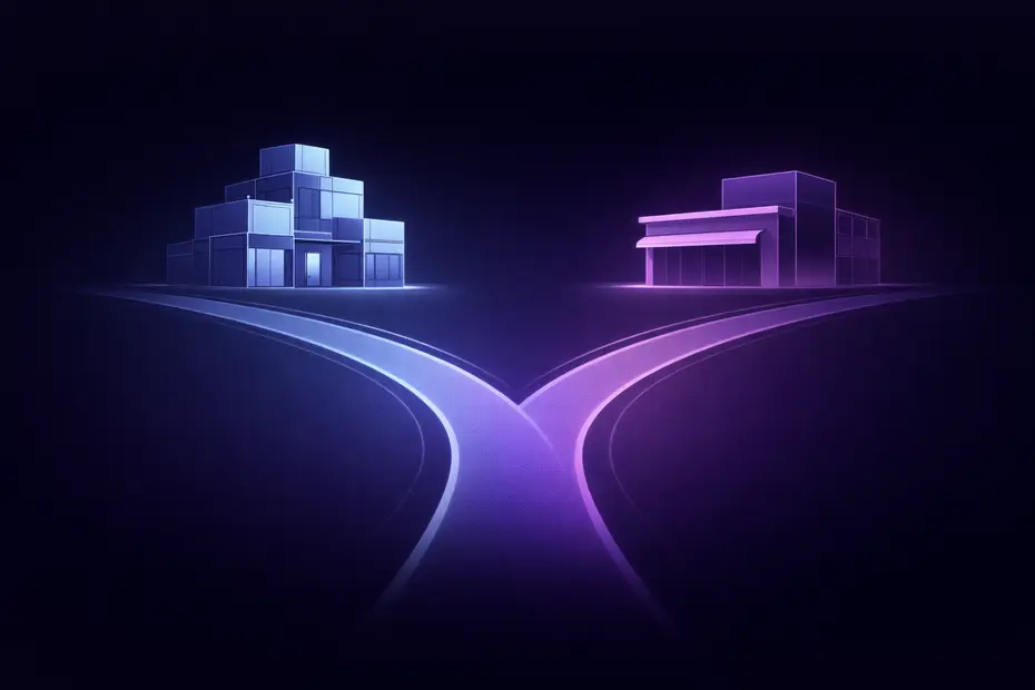 Shopware vs. Shopify: Zwei Wege führen zu zwei unterschiedlichen Shop-Gebäuden — links ein modularer Baukasten (Shopware), rechts ein fertiger Storefront (Shopify) als Sinnbild für die Plattform-Entscheidung.