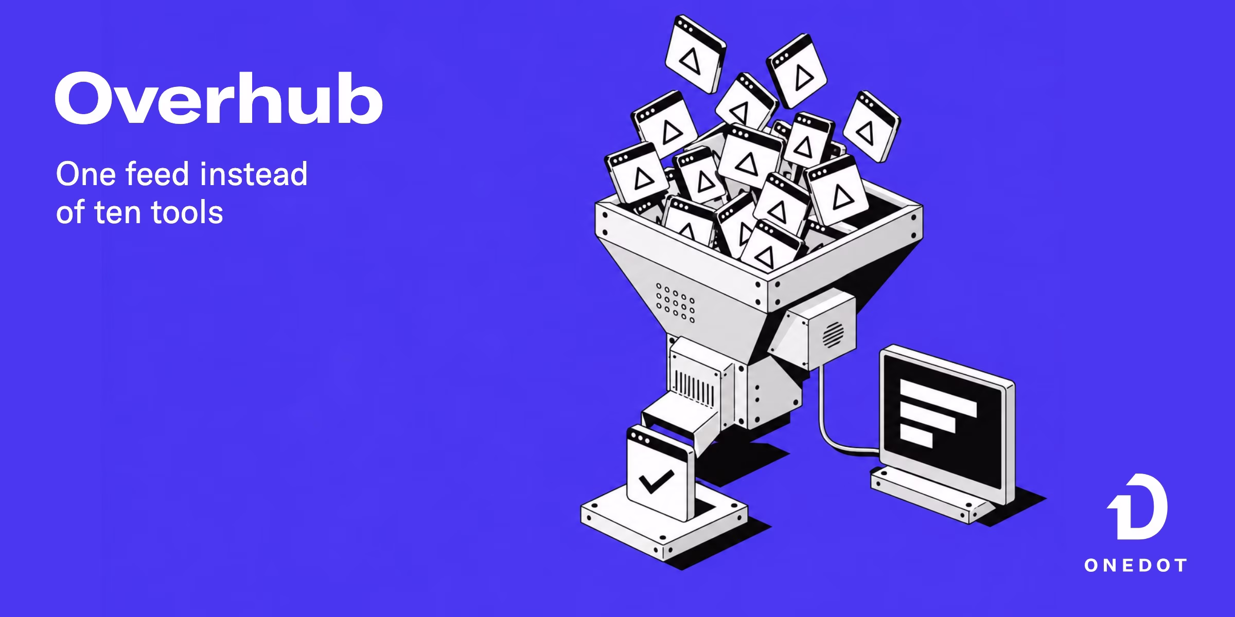 Overhub insight article by ONEDOT: an isometric funnel machine takes in many browser windows with warning icons and outputs a single card with a checkmark, next to a monitor showing a sorted list.