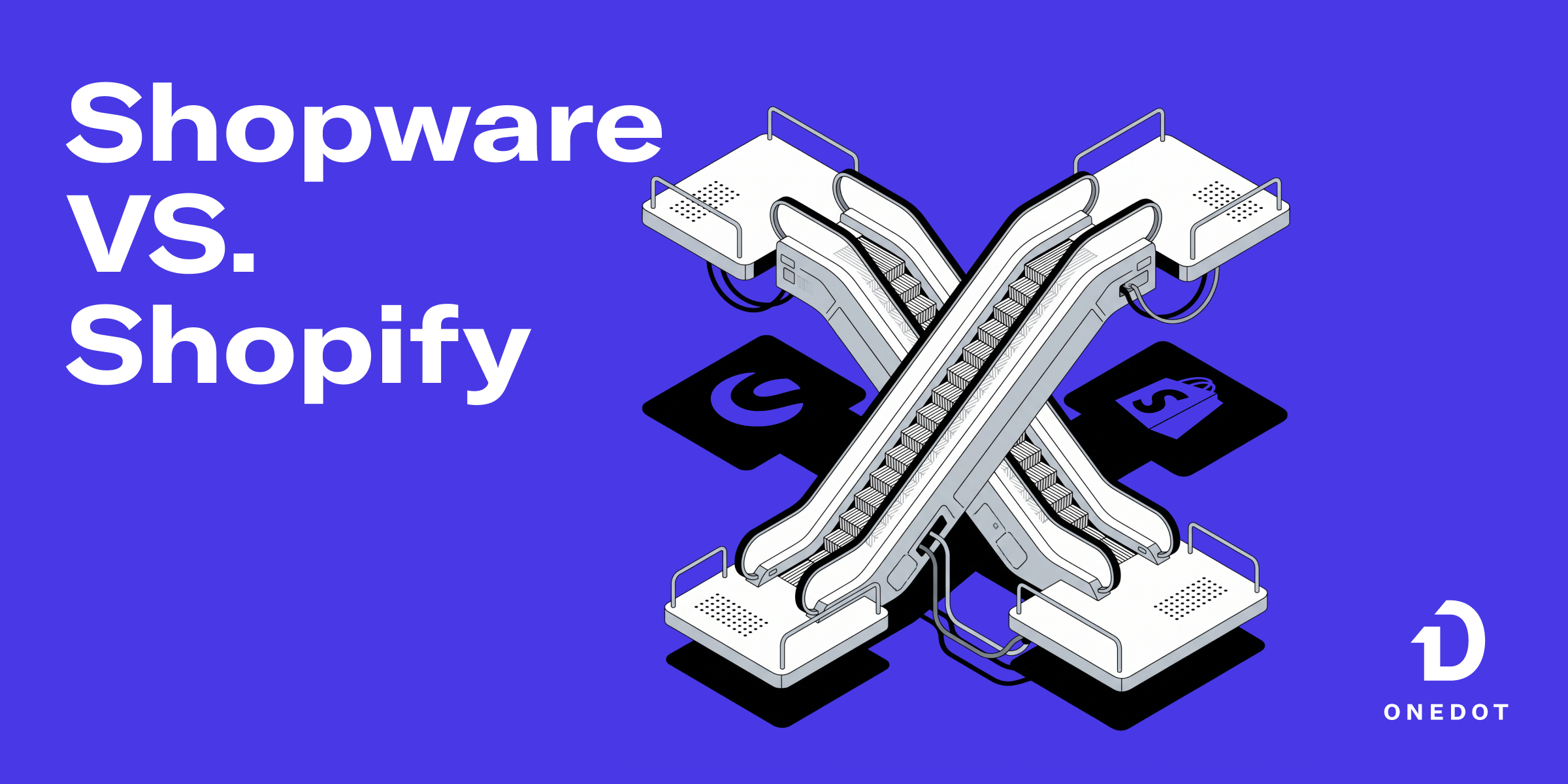 Shopware vs. Shopify Insights Beitrag verbildlicht durch zwei Rolltreppen die in ihrem Schatten die beiden Logos der Shopsysteme werfen