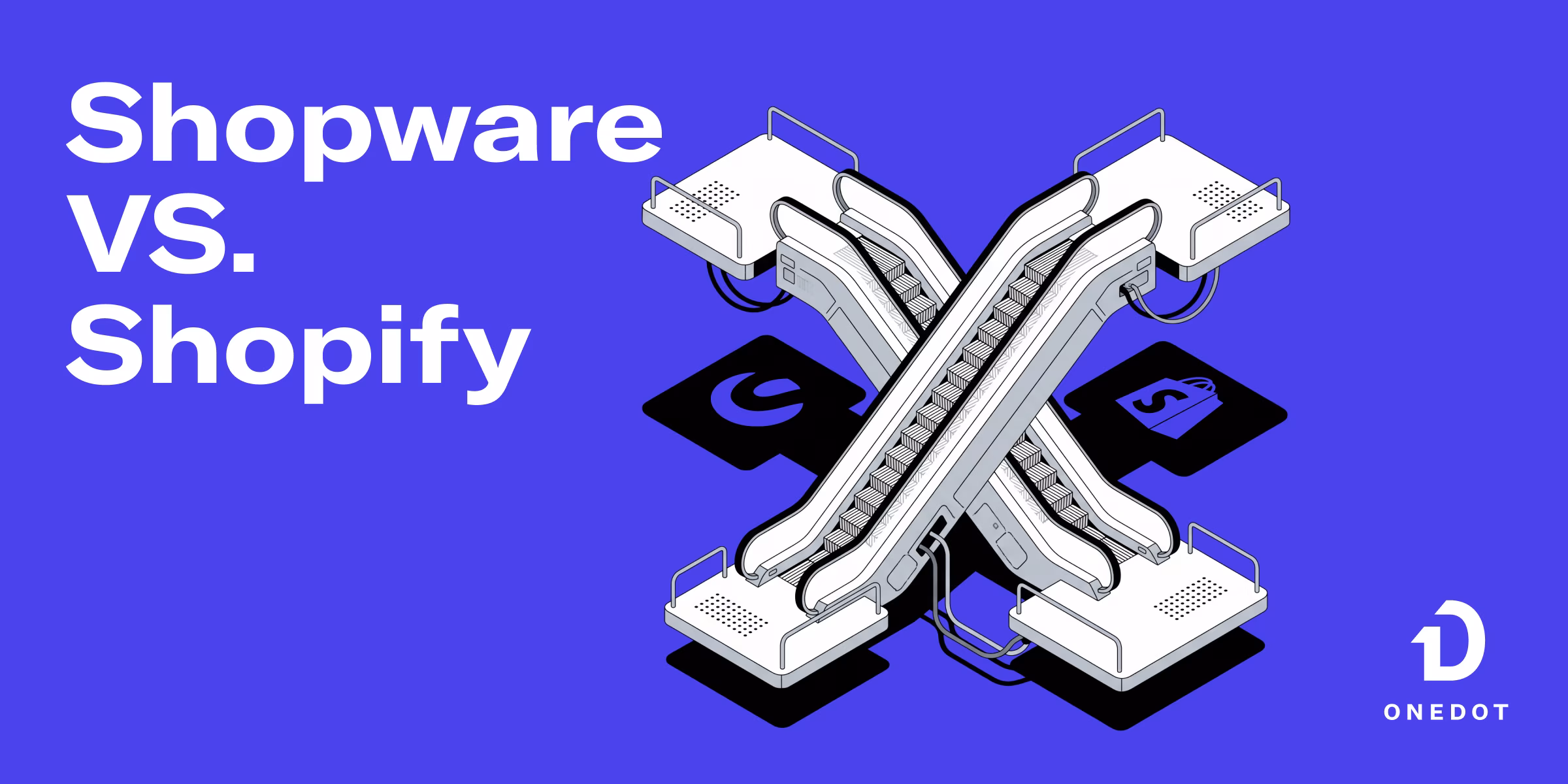 Shopware vs. Shopify Insights Beitrag verbildlicht durch zwei Rolltreppen die in ihrem Schatten die beiden Logos der Shopsysteme werfen