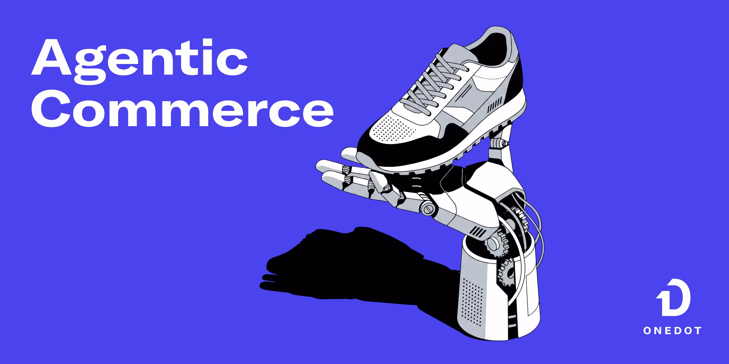 Agentic Commerce Insights Artikel von ONEDOT bildlich darstellt durch eine Roboterhand die aus dem Boden kommt und wie ein Kellner einen Sneaker präsentiert.