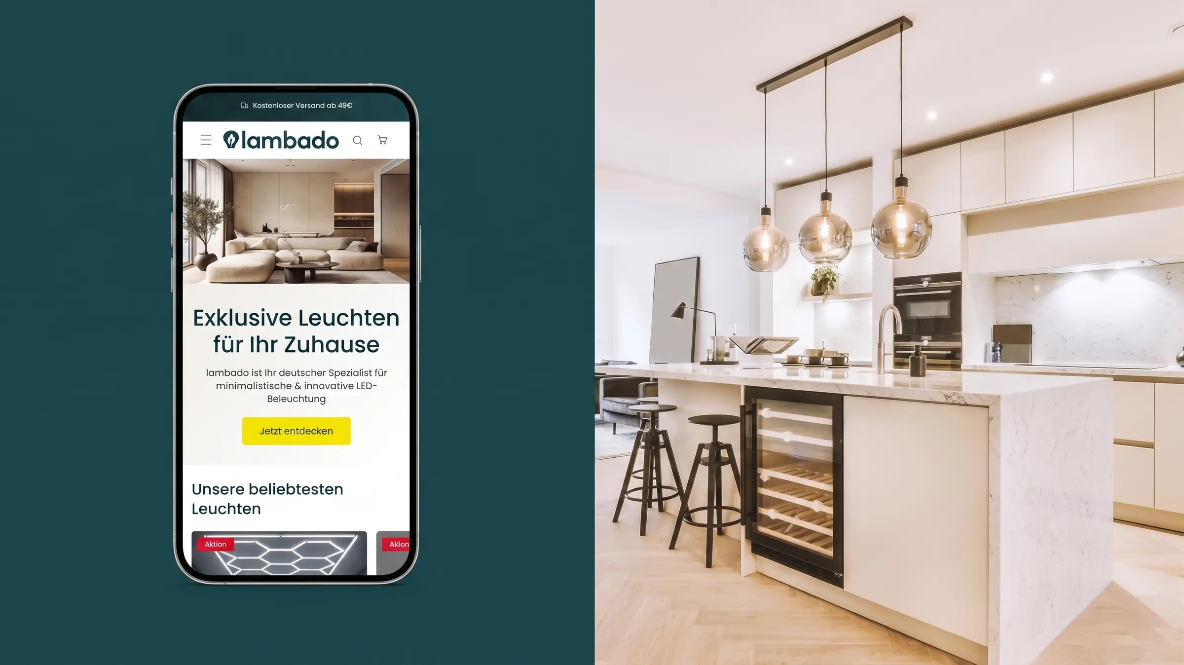 Geteilter Bildschirm mit Smartphone-Ansicht des Lambado Shops und Foto einer modernen Kücheninsel mit drei großen Hängeleuchten aus Glas