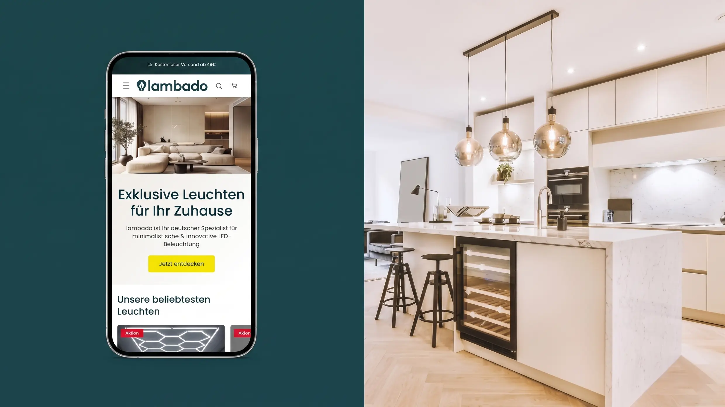 Geteilter Bildschirm mit Smartphone-Ansicht des Lambado Shops und Foto einer modernen Kücheninsel mit drei großen Hängeleuchten aus Glas
