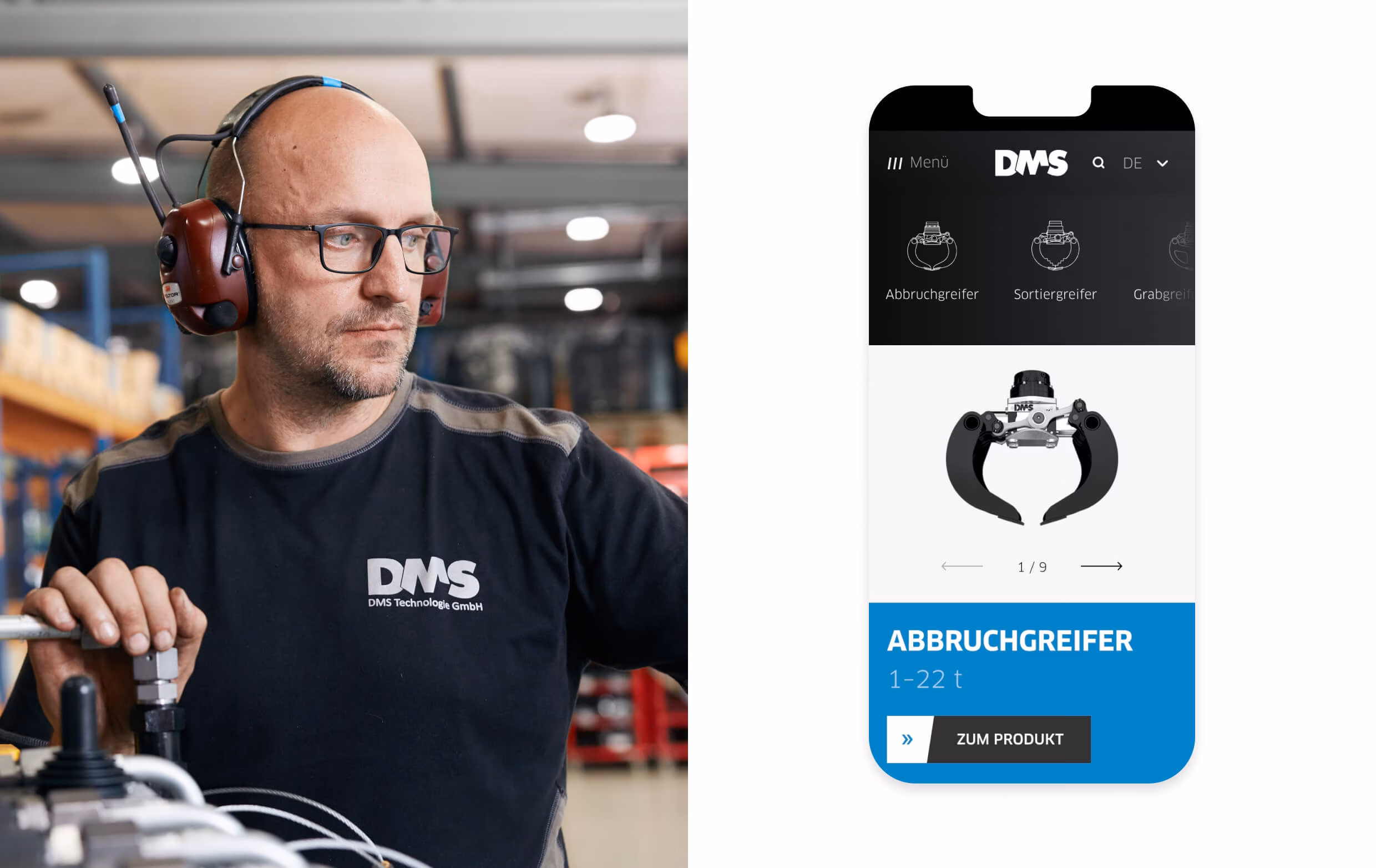 Bild eines arbeitenden Mannes bei DMS und ein Screenshot der mobilen Vorschau der Produktkategorien