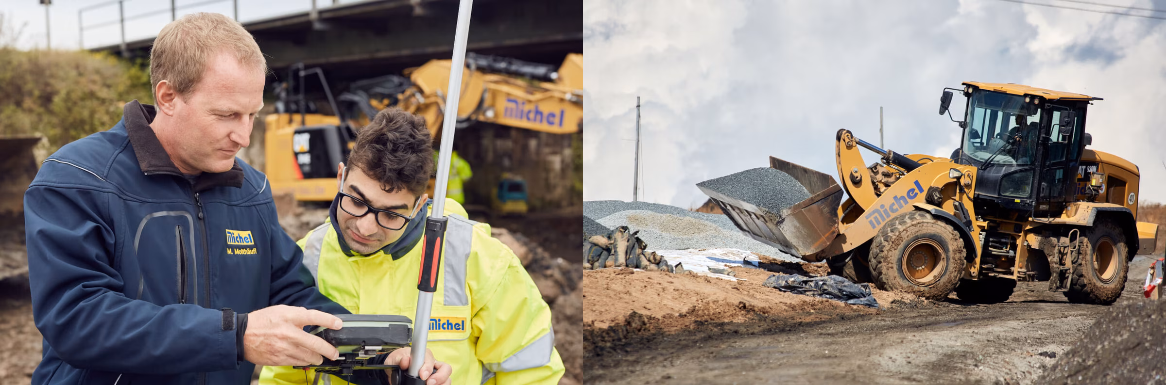 Zwei Facharbeiter auf der Baustelle bei Vermessungsarbeiten und ein Baustellen Bagger an der Arbeit