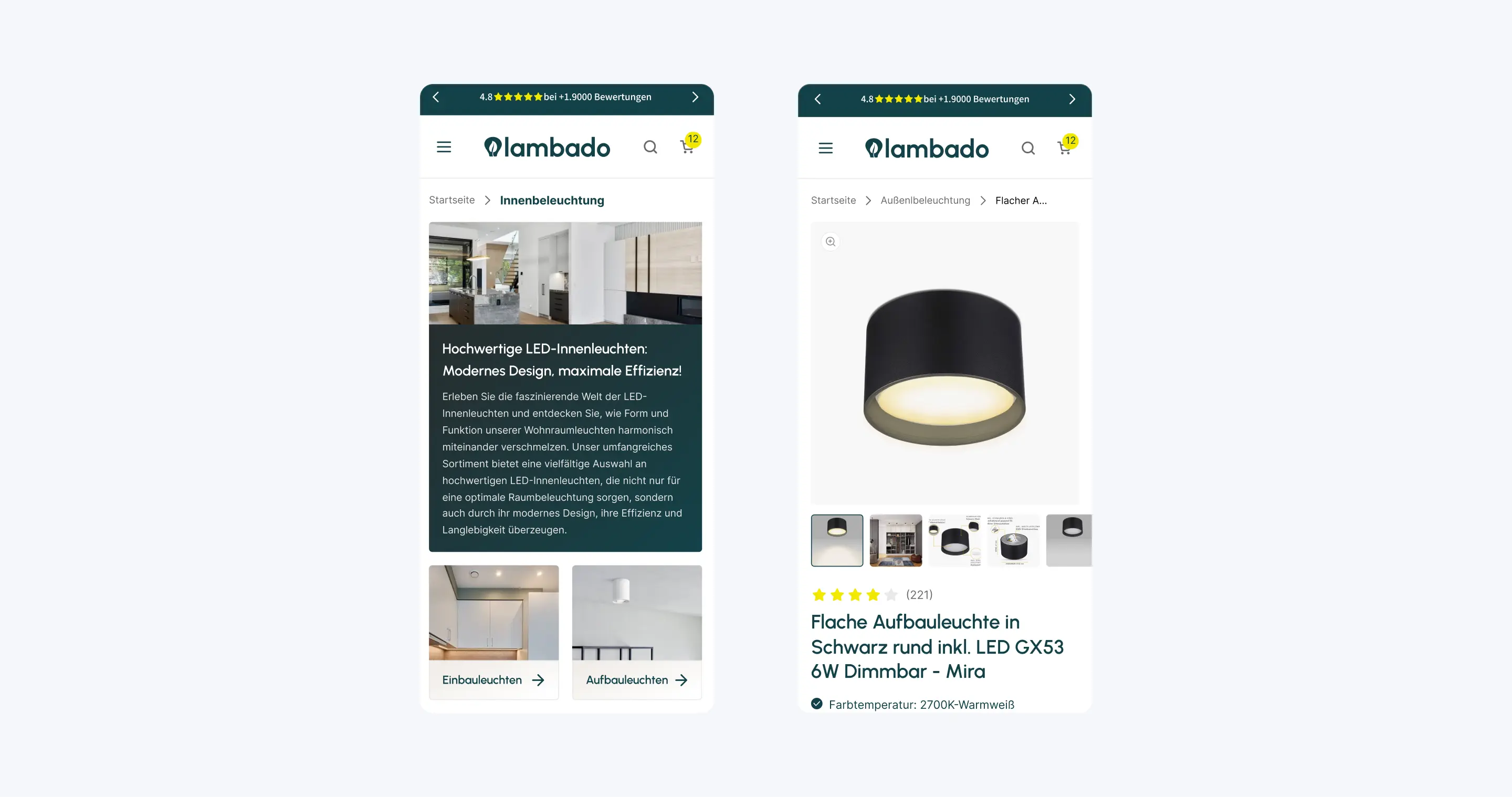 Zwei Smartphone-Mockups des Lambado Onlineshops mit der Kategorieseite für Innenleuchten und einer Produktdetailseite