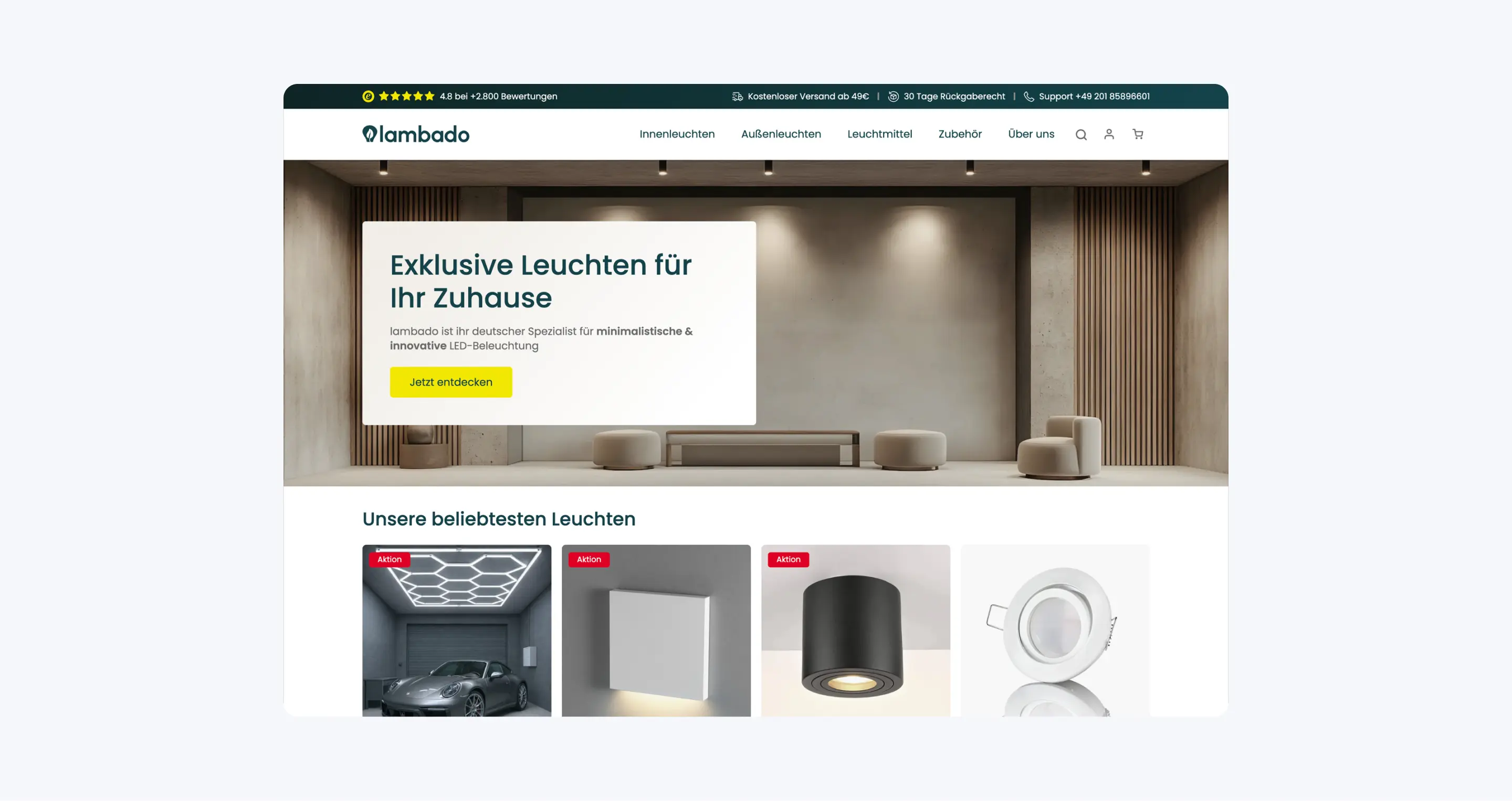Desktop-Ansicht der Lambado Onlineshop-Startseite mit minimalistischem Hero-Banner und Produkt-Grid für beliebte Leuchten