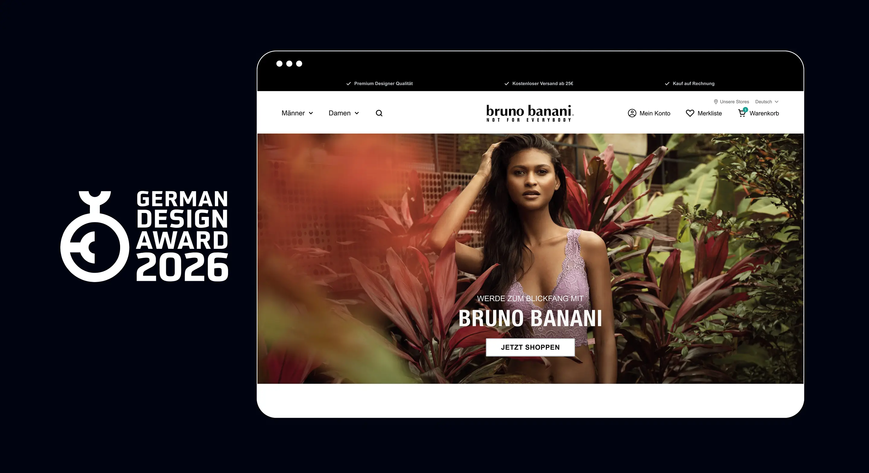 Deskrop Ansicht des Shopware 6 Shops von Bruno Banani nach dem Relaunch mit German Design Award 2026 Logo