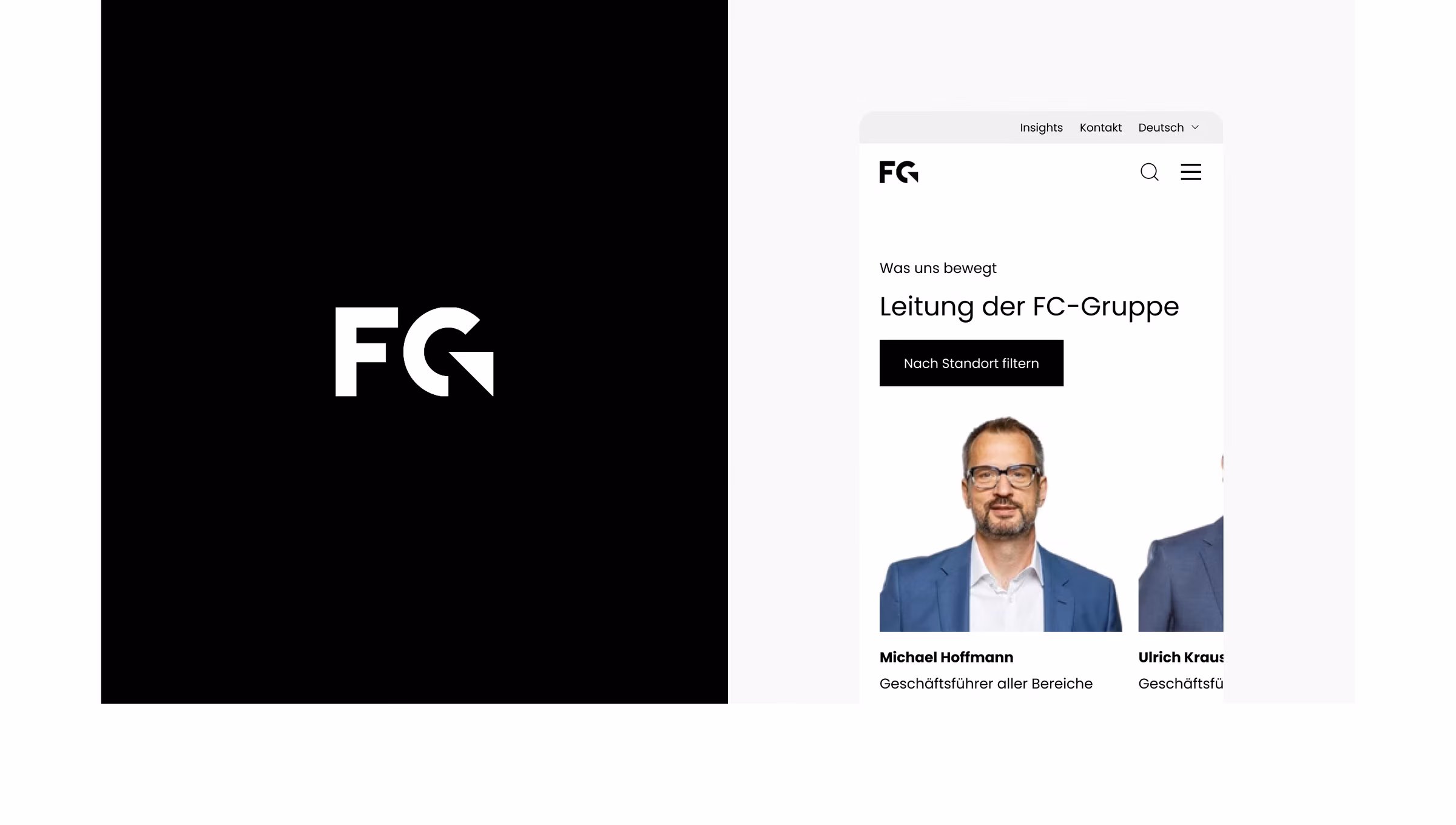 Black and white split image; left shows "FG" logo, right shows a website with a man's photo and text detailing leadership of the FC Group.