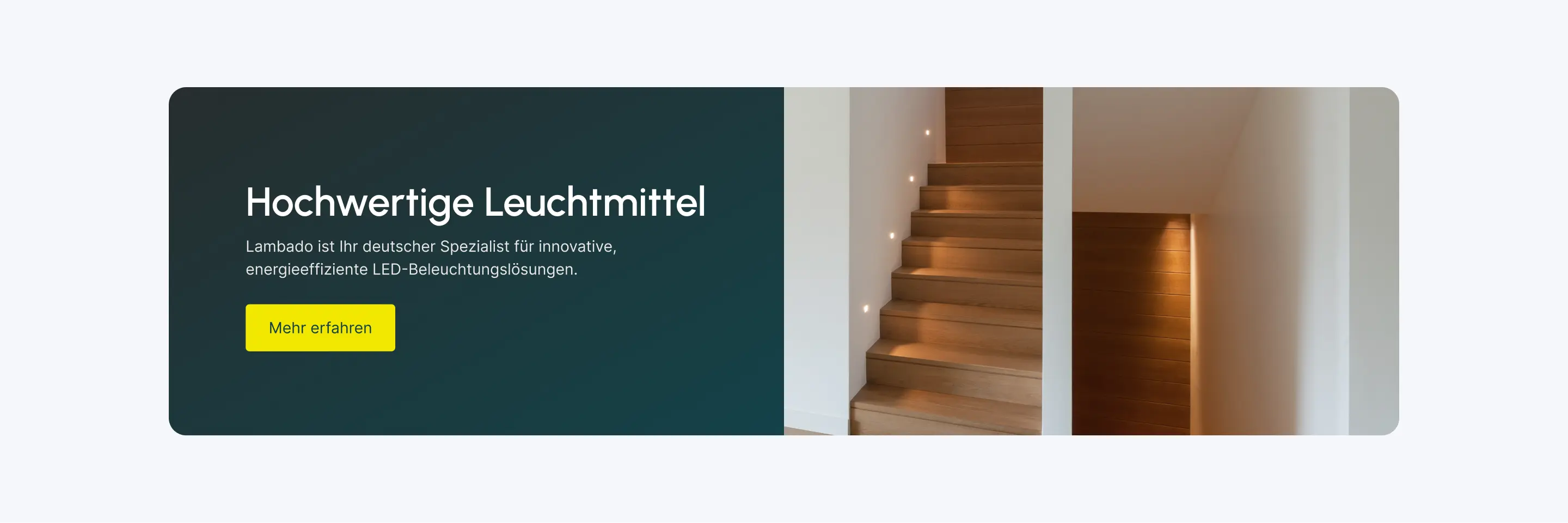 Teaser-Banner von Lambado mit der Überschrift Hochwertige Leuchtmittel, gelbem Button und Treppenbeleuchtung als Hintergrundbild