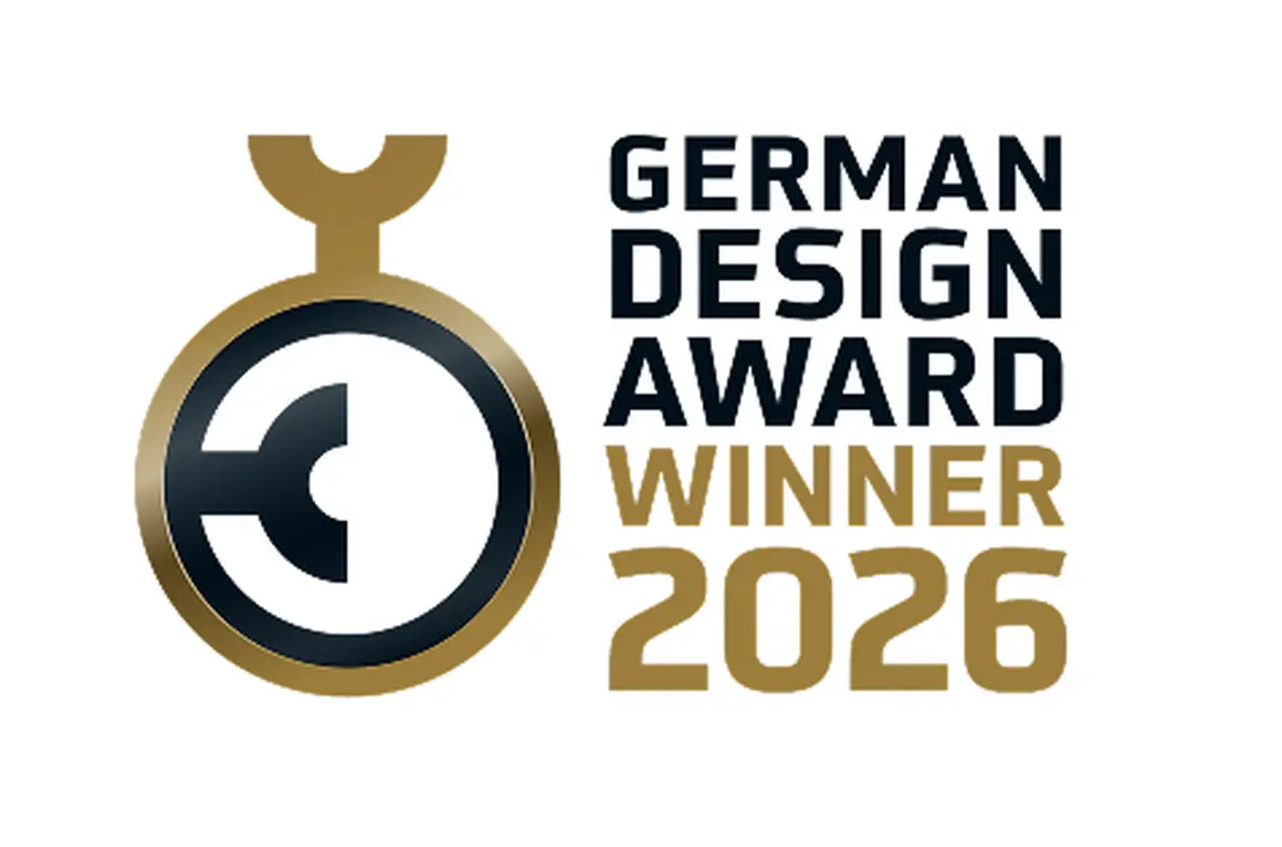 German Design Award Winner 2026 logo featuring a stylized black and gold emblemwith bold text.