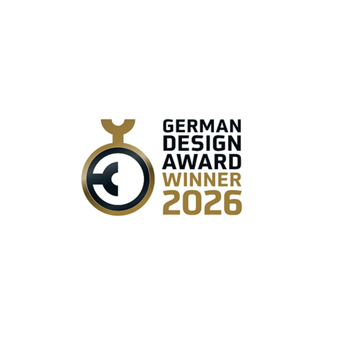 German Design Award Winner 2026 logo featuring a stylized black and gold emblemwith bold text.