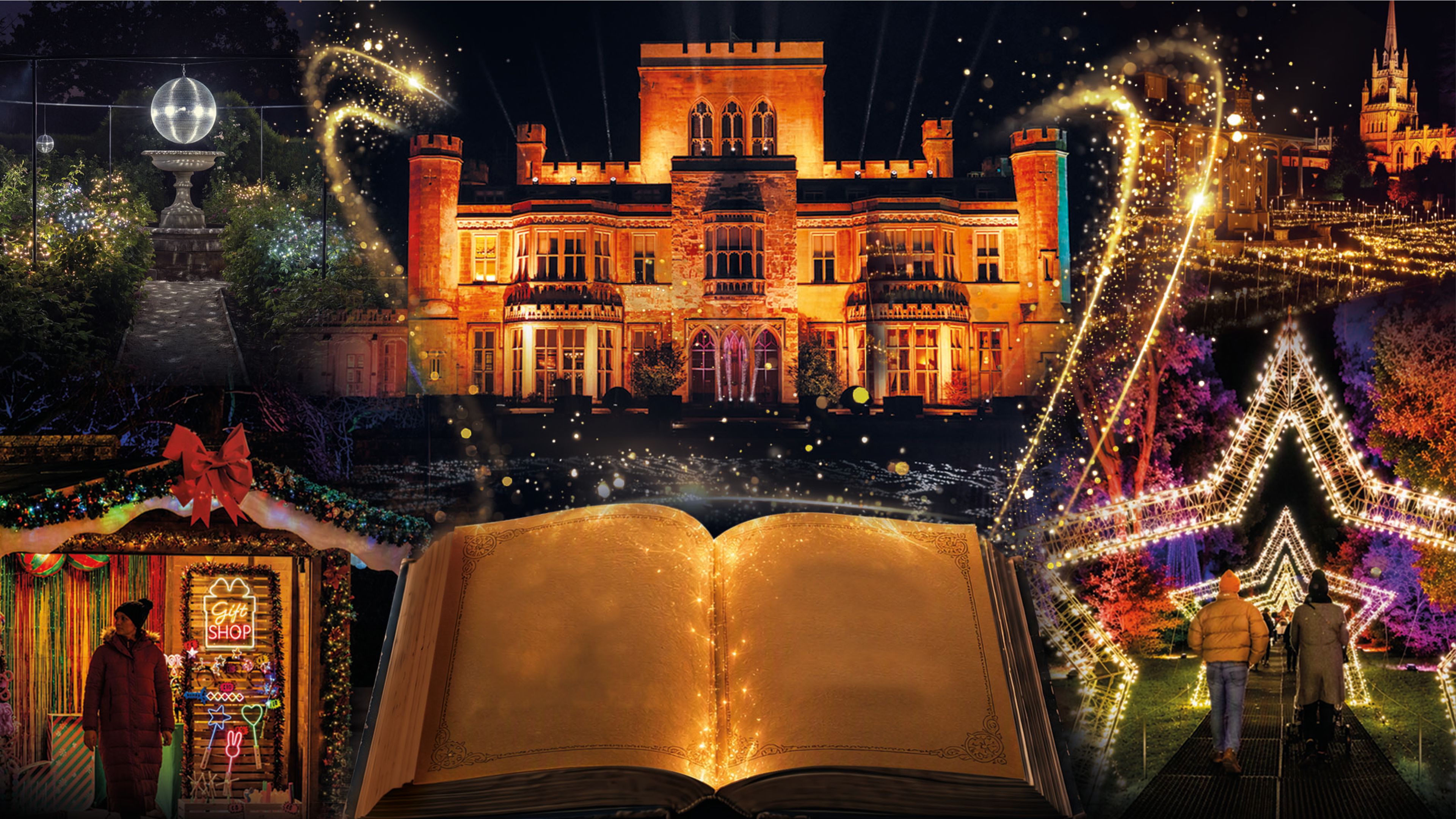 An illuminated castle at night surrounded by festive lights and decorations, with an open glowing book in the foreground.