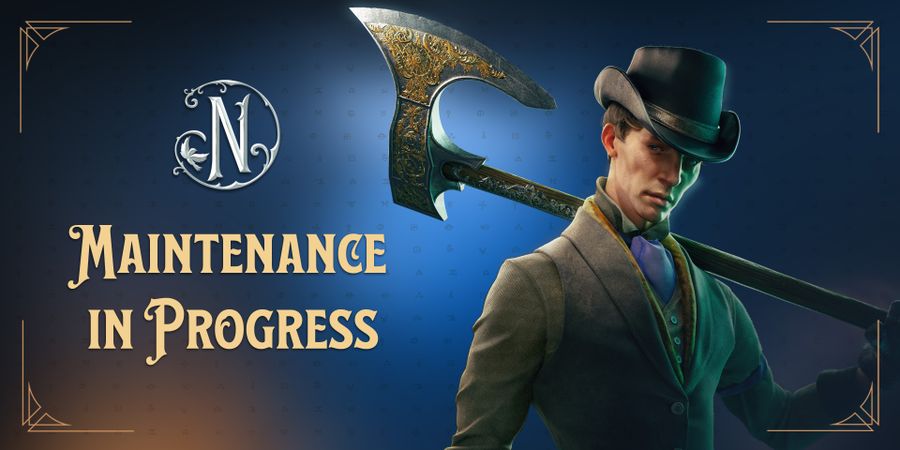 Victorian Man with a fancy axe. Text reads "Maintenance in Progress"