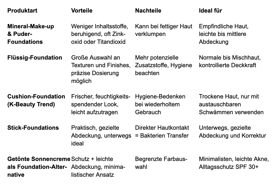 Eine Tabelle zum Vergleich verschiedener Foundation-Typen: Mineral-, Flüssig-, Cushion-, Stift- und getönte Sonnenschutz-Foundation, mit Auflistung der Vor- und Nachteile sowie der idealen Anwender.