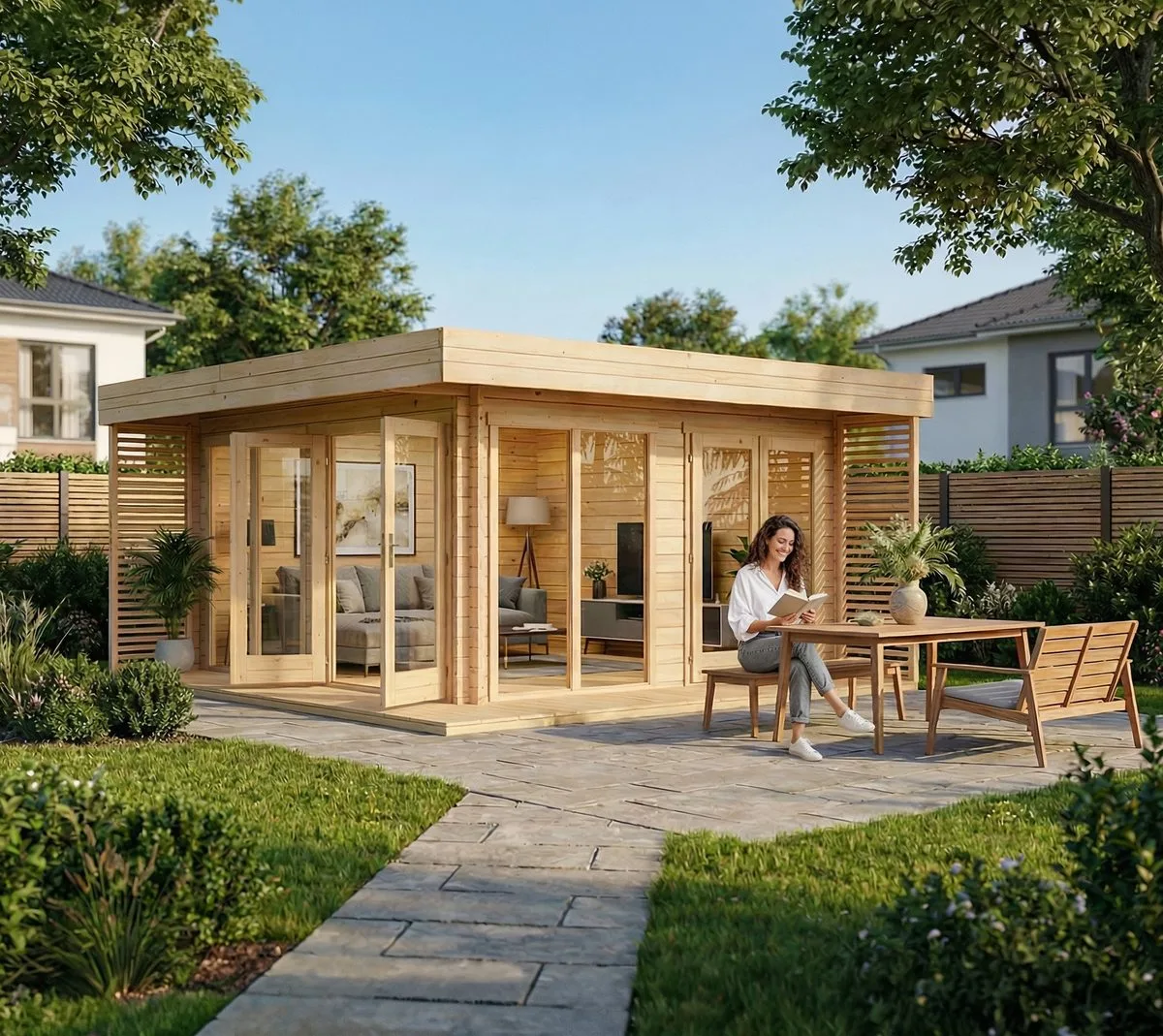 Frau liest auf der Terrasse vor ihrem neuen Gartenhaus mit grossen Glastüren
