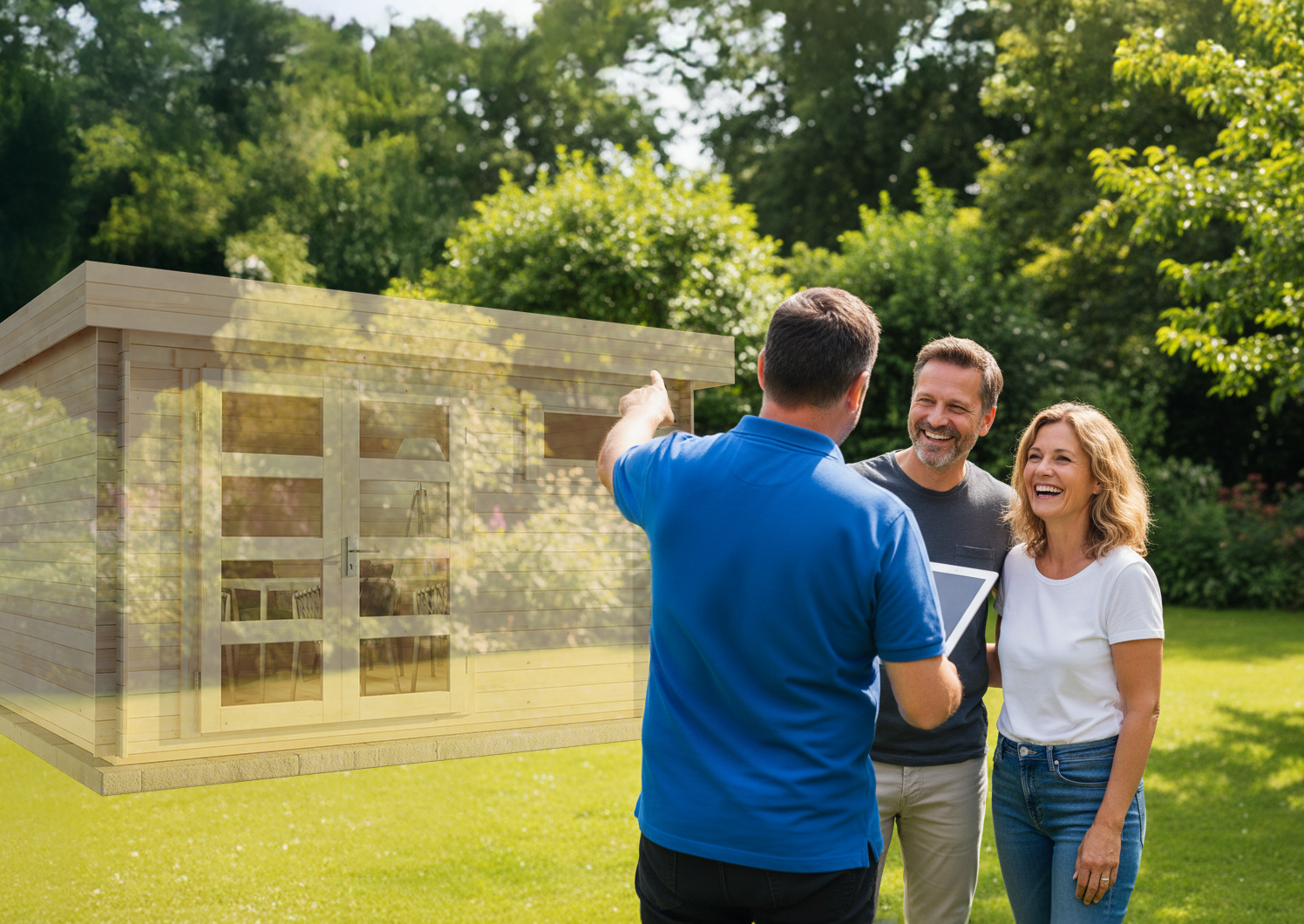 Gartenhaus.com Berater zeigt einem Paar im Garten, wo das neue Gartenhaus stehen kann