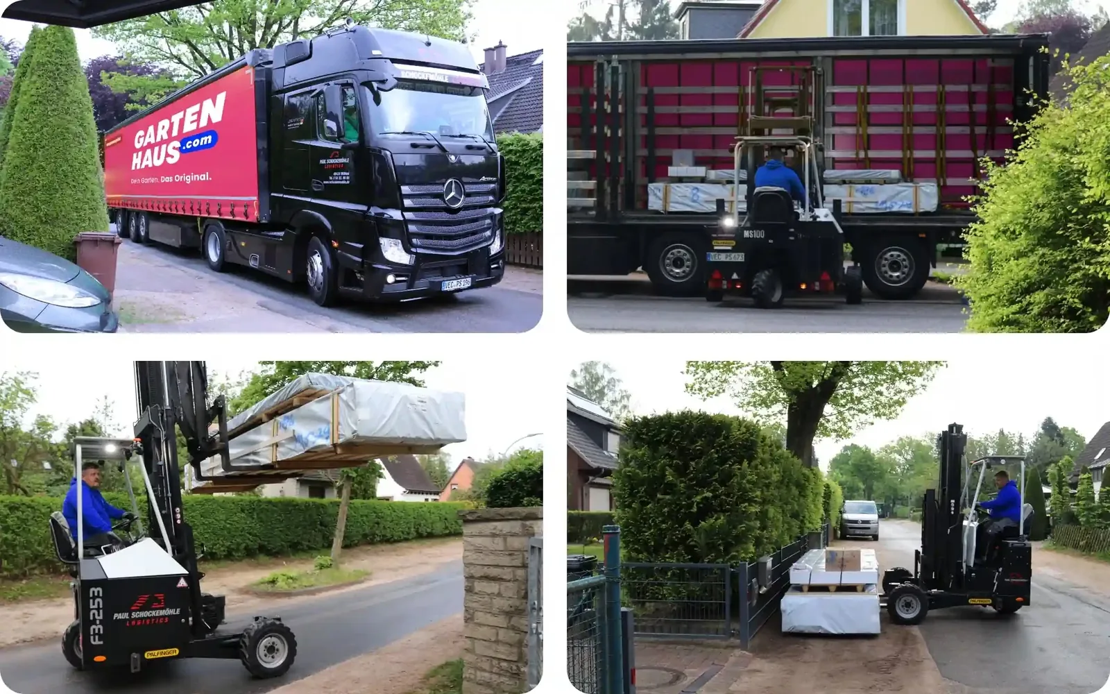 Anlieferung per Spedition: Gartenhaus.com-LKW und Mitnahmestapler beim Abladen