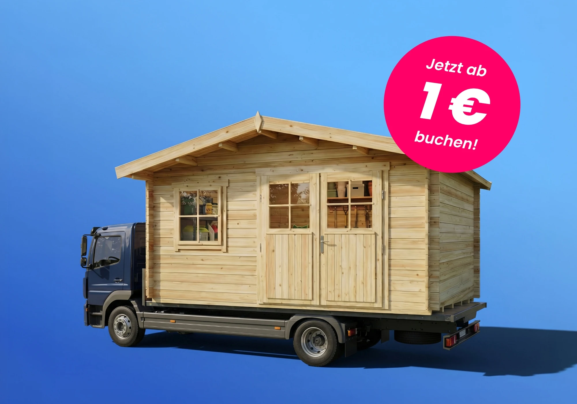 Gartenhaus aus Holz auf einem Lieferwagen – Wunschlieferung jetzt ab 1 € buchen