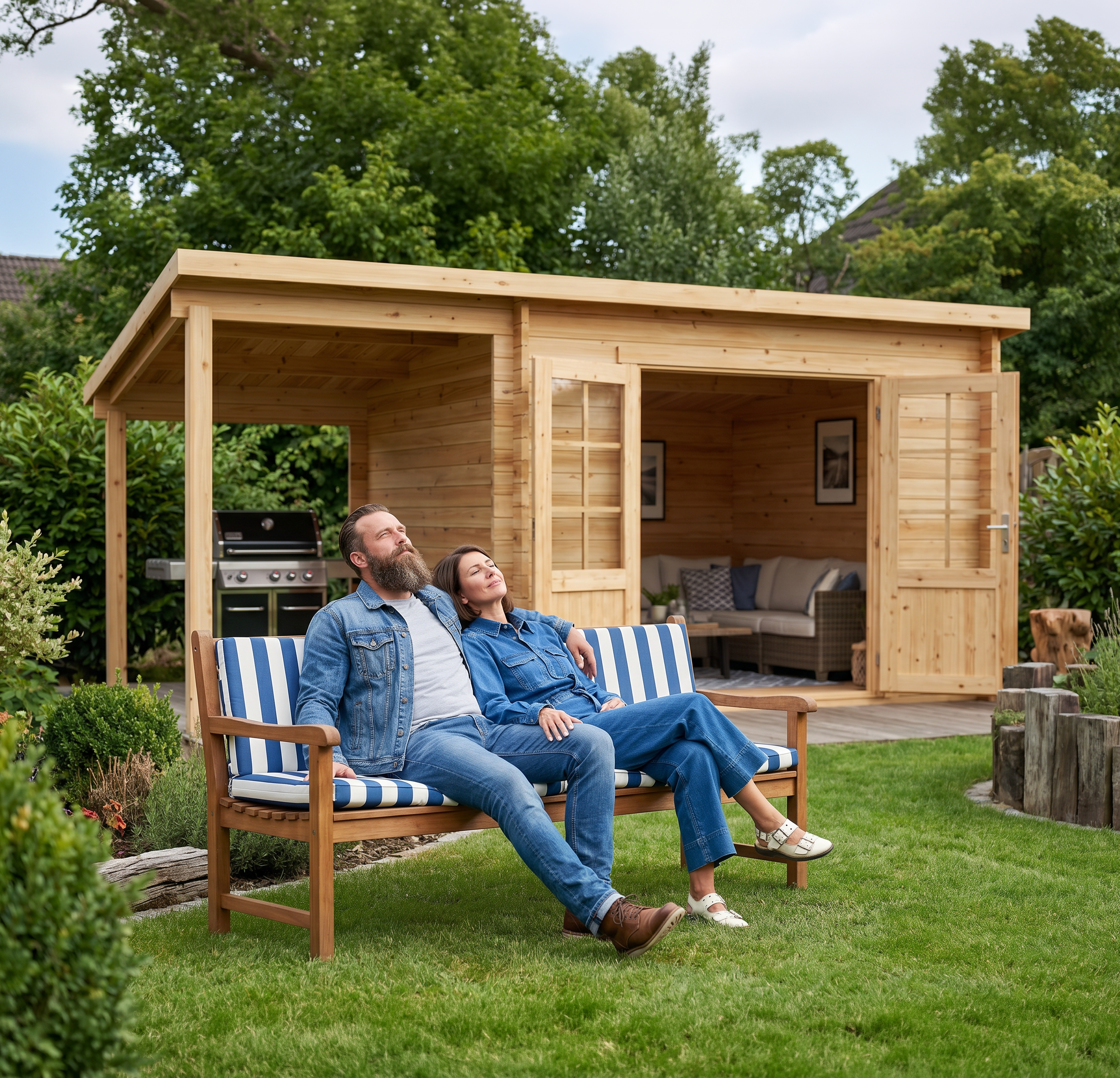 Paar entspannt auf einer Gartenbank vor einem Gartenhaus mit Terrasse