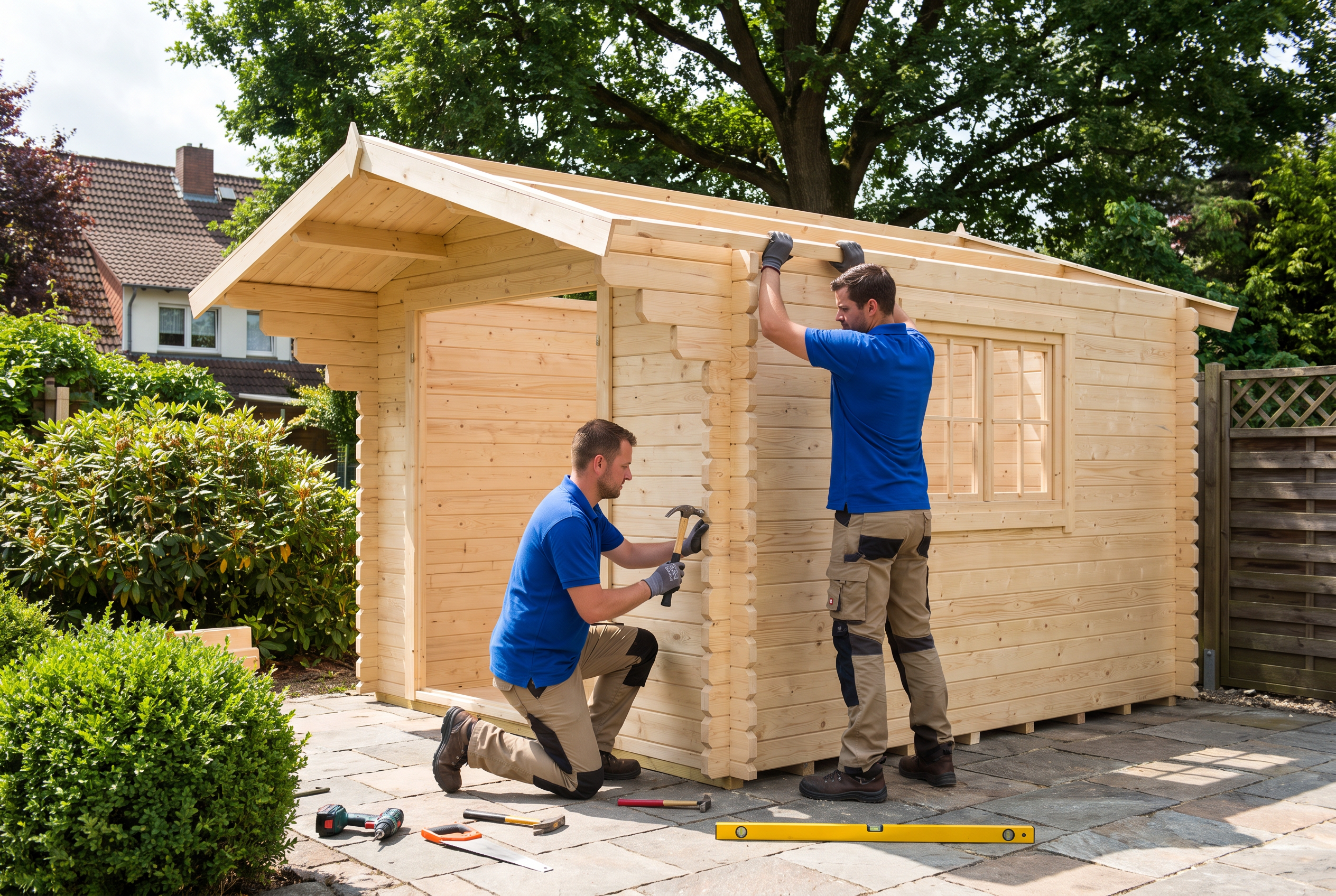 Zwei Monteure bauen ein Gartenhaus aus Holz im Garten auf