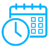 Outlined clock and calendar in blue, indicating time and date scheduling or management.