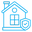 Blue neon outline of a house with a window, chimney and a shield bearing a checkmark.