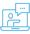 Icon of a person on a laptop screen with a speech bubble, symbolizing online communication or video call.
