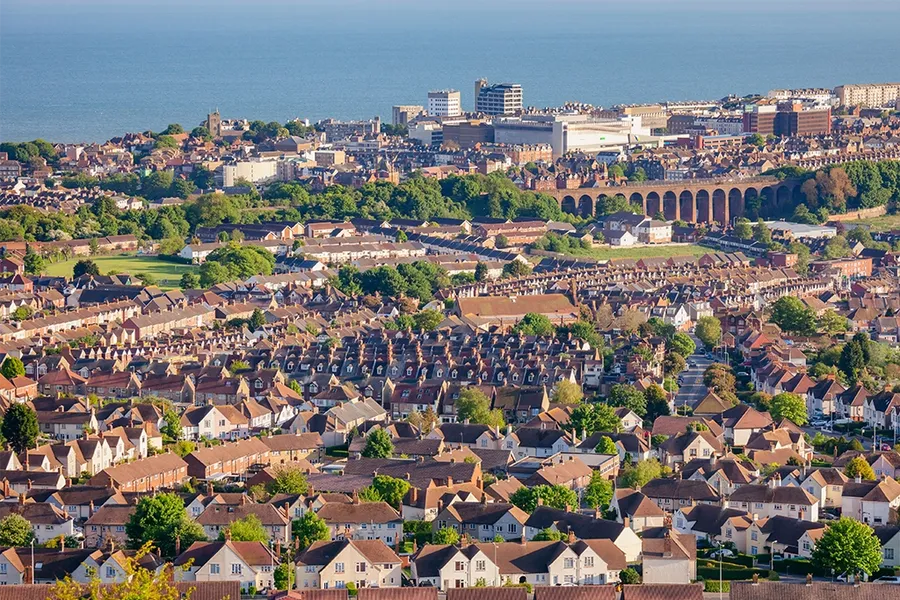 aerial view of houses in seaside port town in Kent, South East UK