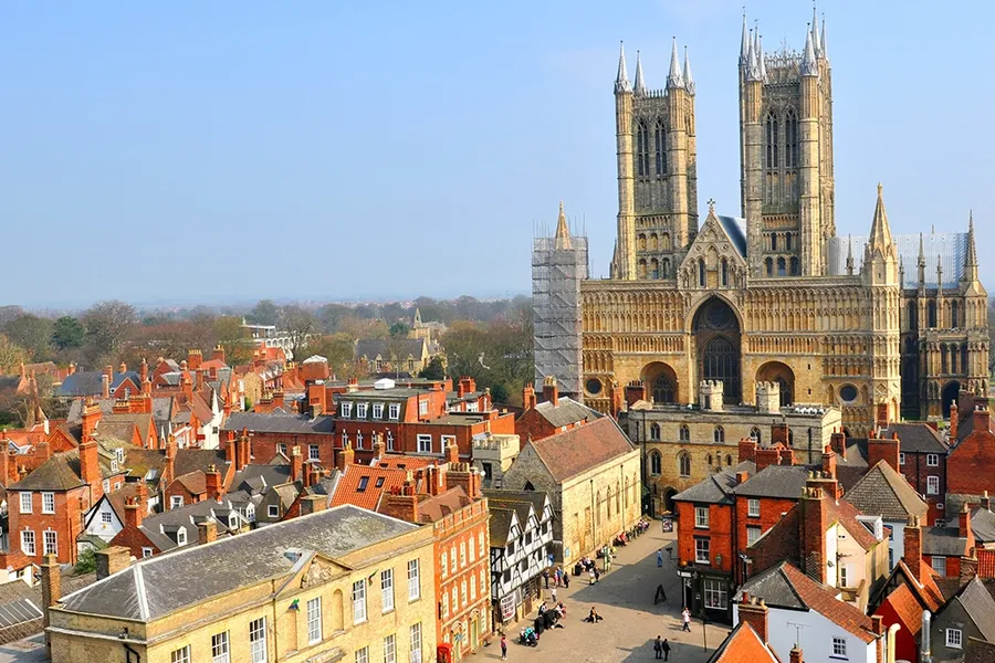 Aerial view of Lincoln Cathedral and the city, Lincolnshire, East Midlands, UK