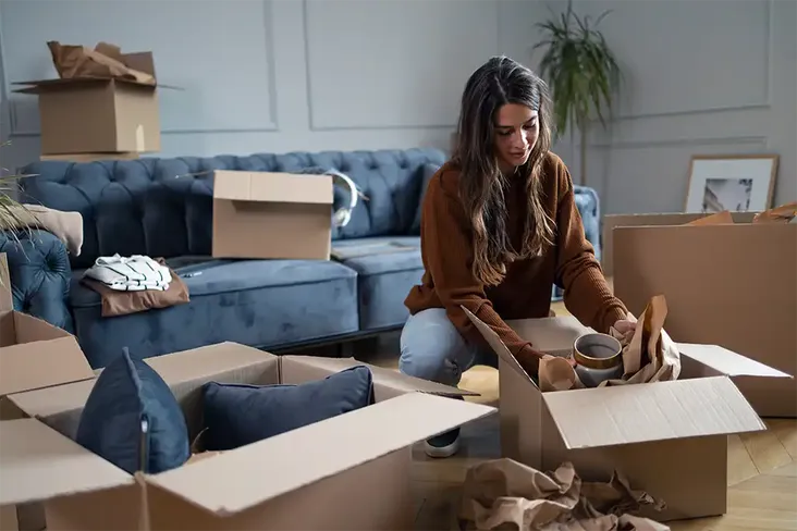 young female adult packing up her flat ready to move into her first home