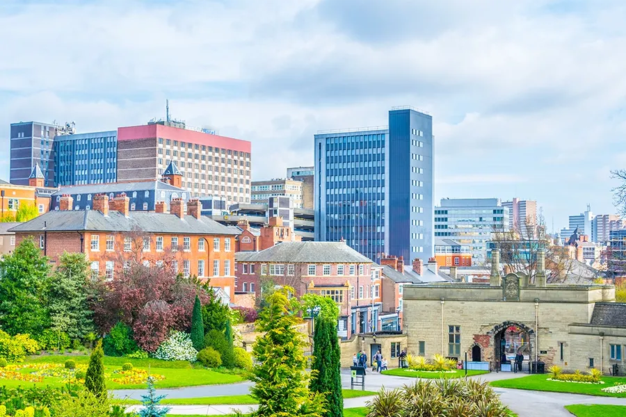 stunning view of blossoming gardens and Nottingham City from inside of the Nottingham castle, East Midlands, England