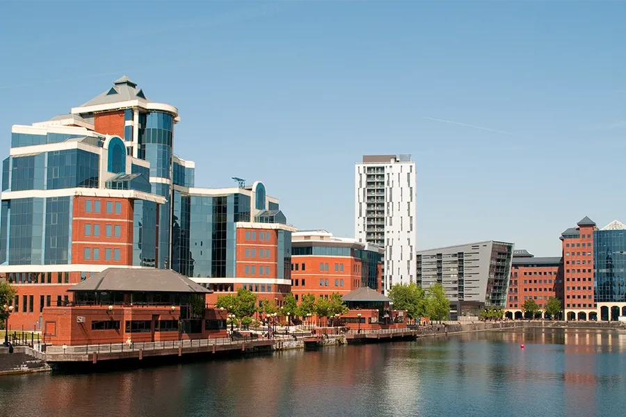 residential development around Huron Basin, Salford Quays, Manchester, North West England, UK