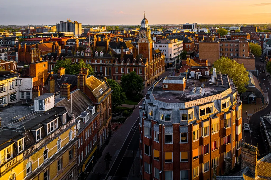 aerial view of houses and apartments in Leicester, East Midlands