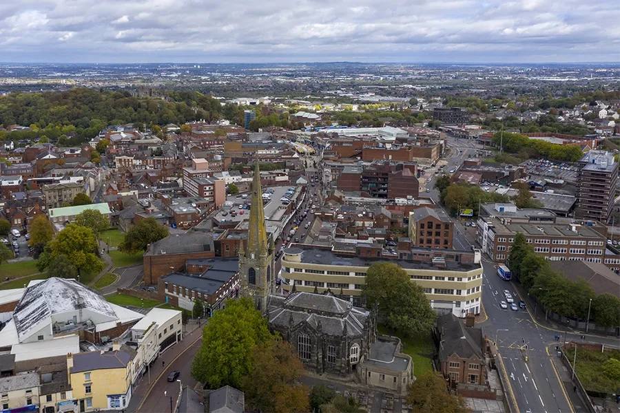 Aerial view of houses in Dudley, West Midlands UK