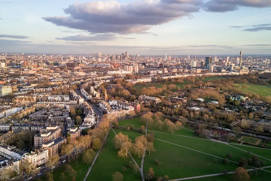 aerial view of houses and apartments near Primrose Hill in North London, UK