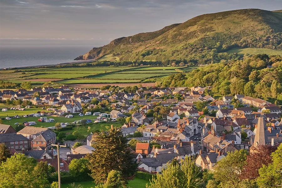 view of houses in Porlock, Exmoor National Park, Somerset, South West England