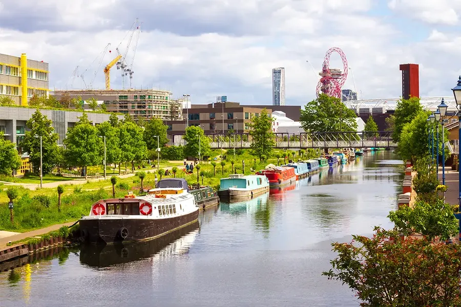 houses and flats along the Regent's Canal, Hackney London UK